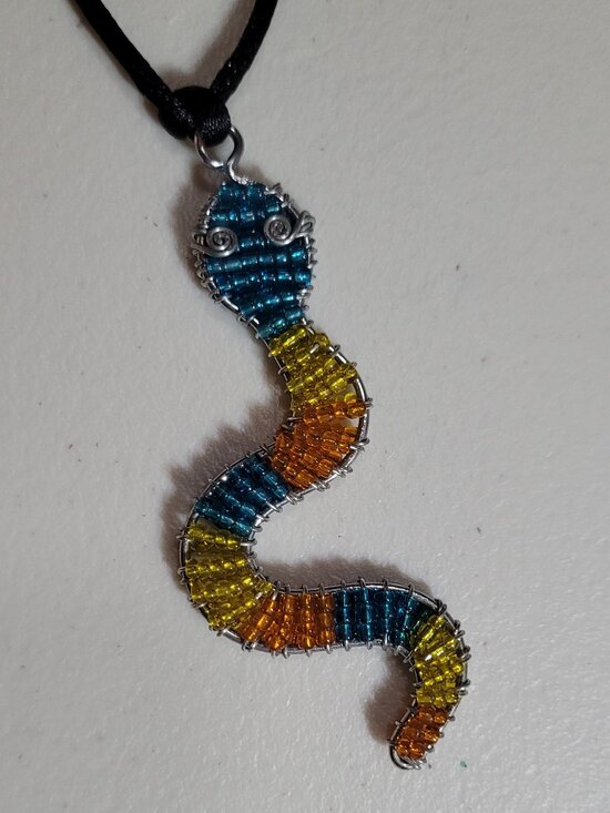 Jewelry - Necklace SNAKE Rainbow Multicolor Beads Metal 14.5 inches Tie Cord Unique BoHo